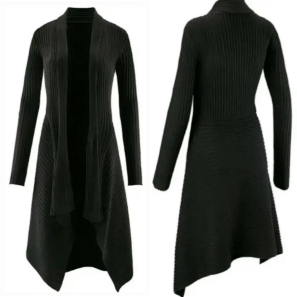 Cabi 3164 Sweetheart Sweater Open Front Waterfall Duster Ribbed Black Sz S